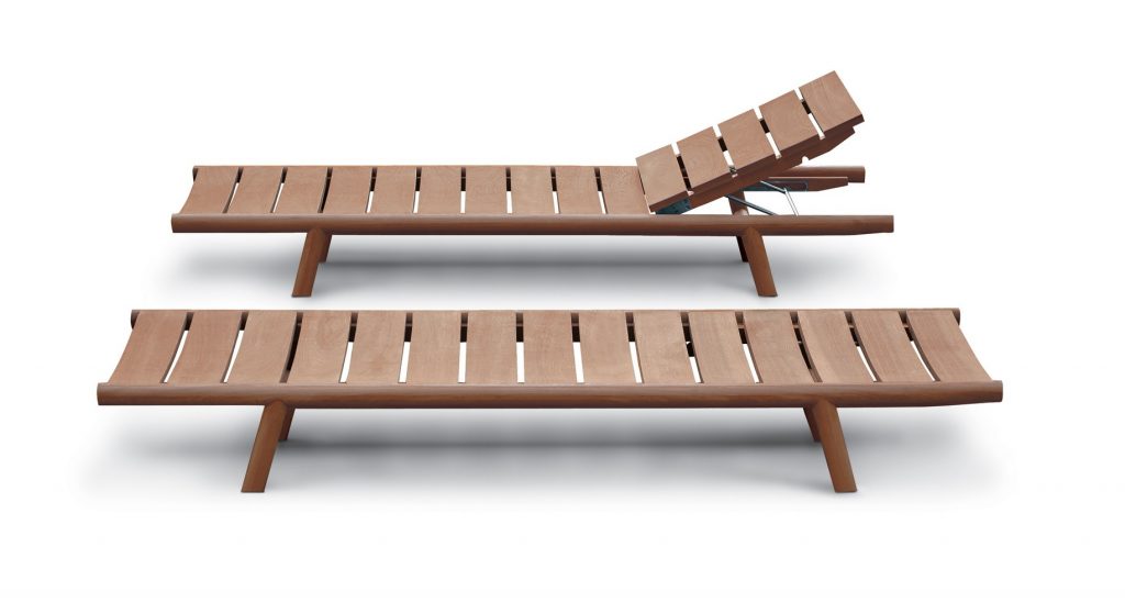 two lounger chair made of teak base in a brown yono on a white background