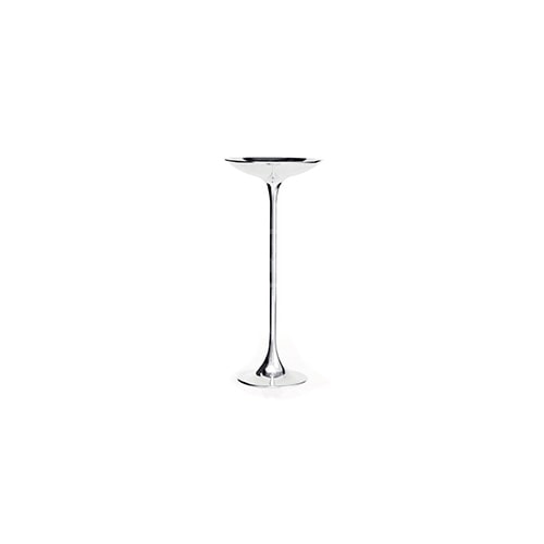 Small metal side table finished in a silver tone with black finishes