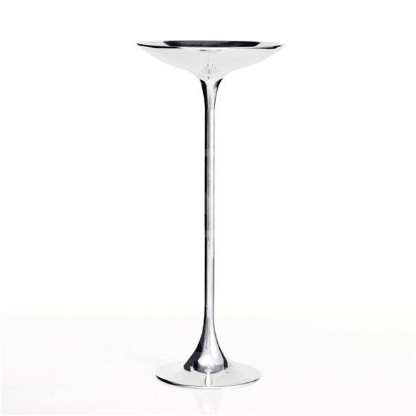 Small metal side table finished in a silver tone with black finishes