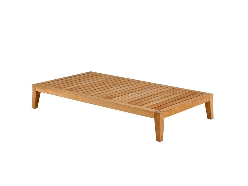 outdoor coffee table made of teak wood in a natural color tone of the wood on a white background