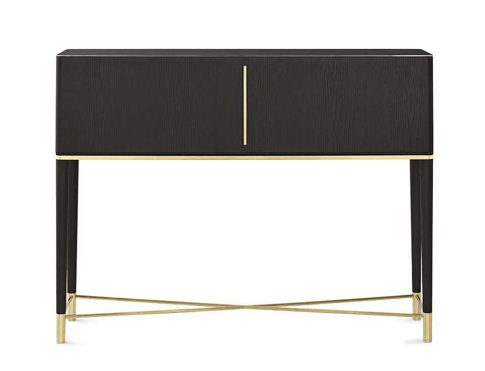 desk with folding door made throughout its structure in ash wood in a brown tone with gold finishes
