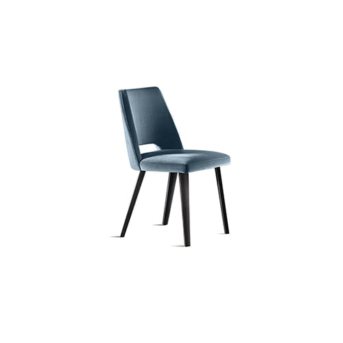 dining chair made of black wood base and upholstered in blue velvet fabric