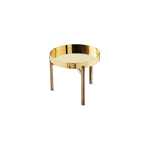 table made of burnished brass base and marble top in a golden tone on a white background