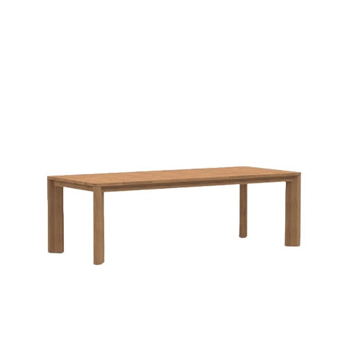 A teak outdoor dining table with a natural finish, straight edges, and solid square legs, offering a timeless, functional design.