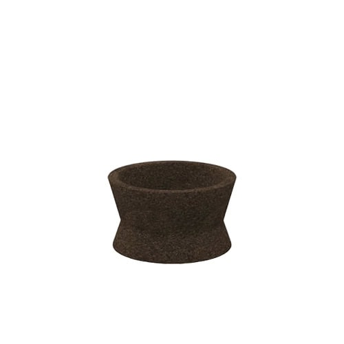 A compact dark brown planter with a low, hourglass silhouette and textured stone-like finish, perfect for outdoor settings.