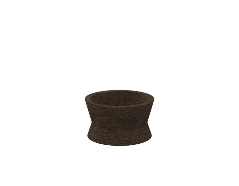 A low-profile dark brown outdoor planter with a flared hourglass form and textured surface, ideal for wide-rooted greenery.