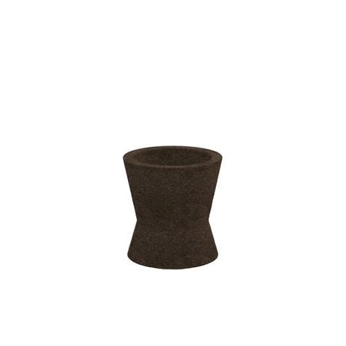 A modern dark brown outdoor planter with a curved hourglass silhouette and textured finish, shown from a front angle.