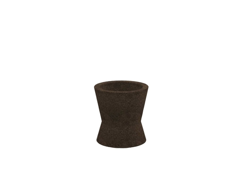 A sculptural outdoor planter in dark brown stone with a tapered waist and textured finish.