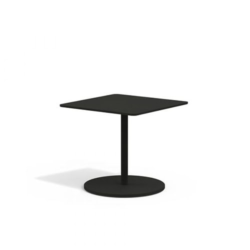 A minimalist square outdoor coffee table in matte black with a slim pedestal and round base, shown in a clean studio view.