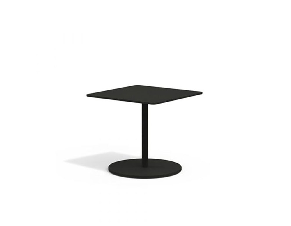 A square black outdoor coffee table with a slim pedestal and circular base, shown from a clean side angle.