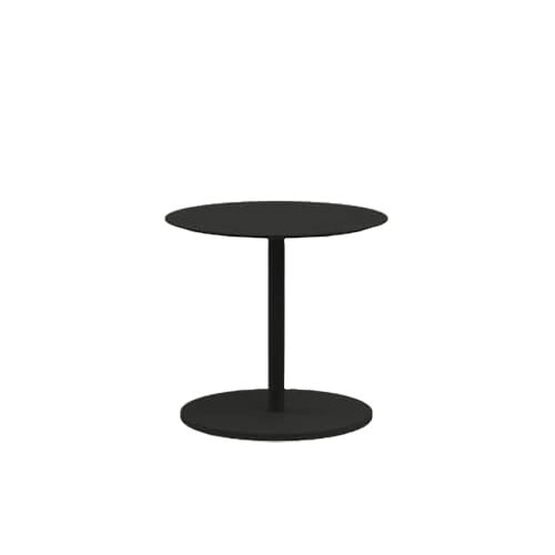A front-facing view of the compact black outdoor coffee table with a round top, slender pedestal, and flat circular base.