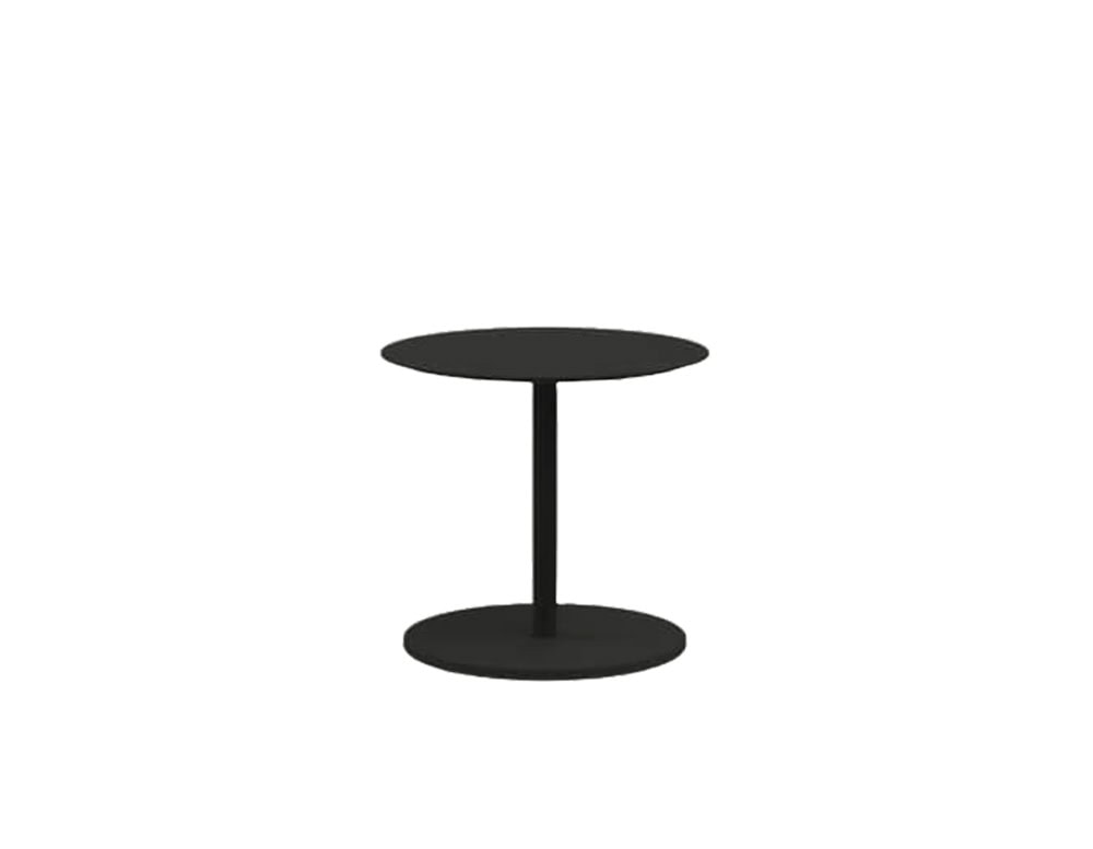 A compact round black outdoor coffee table with a slim pedestal and circular base, designed for minimalist appeal.