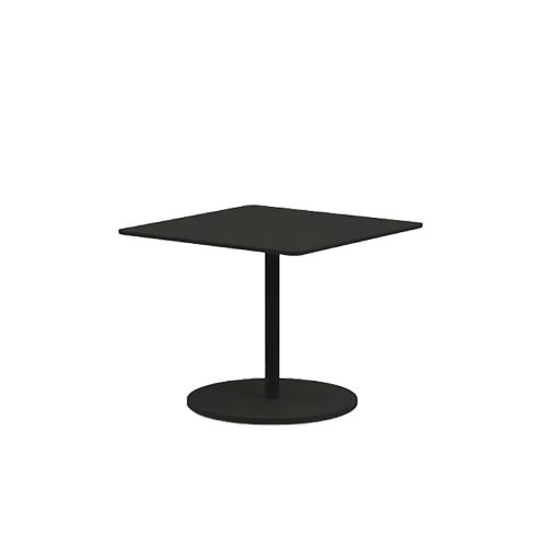 A modern square outdoor coffee table in matte black, featuring a flat top, central pedestal, and round base.