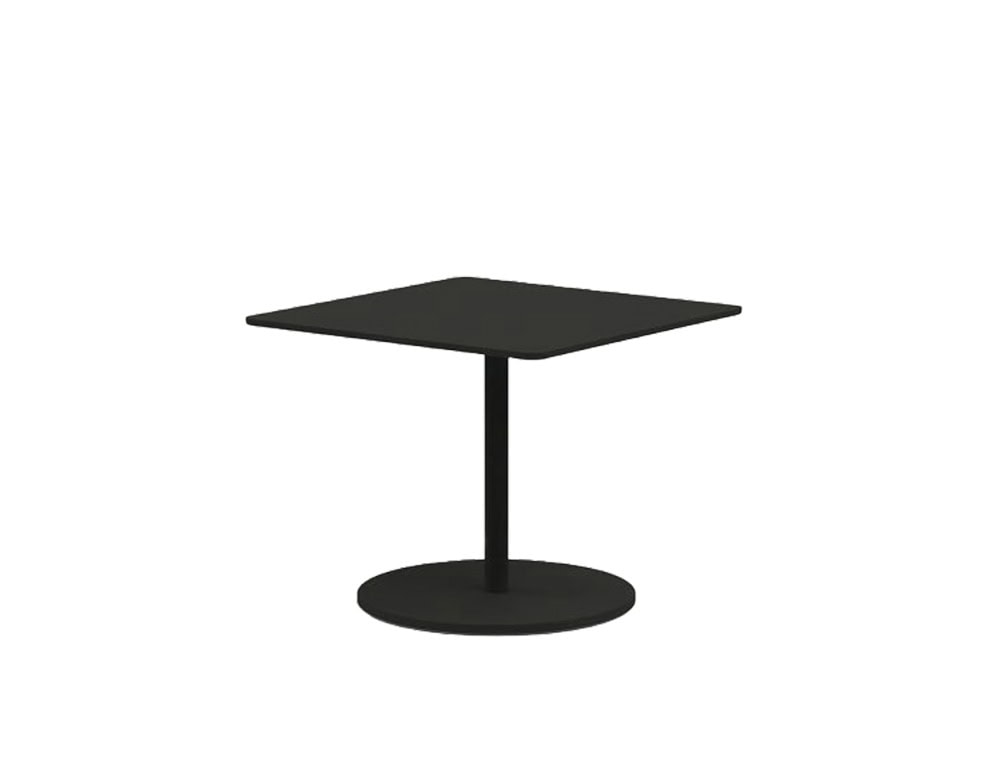 An angled perspective of the black outdoor coffee table with a square top, slim pedestal, and round base for balanced simplicity.