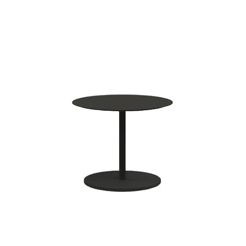 A sleek black outdoor coffee table with a larger round top, central pedestal, and a flat circular base.