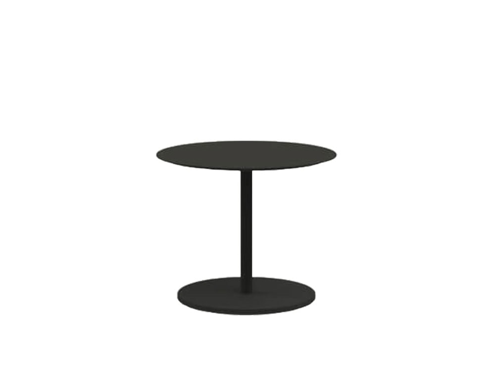 An angled view of the black outdoor coffee table with a wide round top, slim pedestal, and matching circular base.