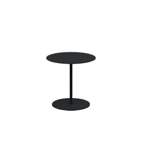 A minimalist black outdoor coffee table with a round top, slim central pedestal, and matching circular base.