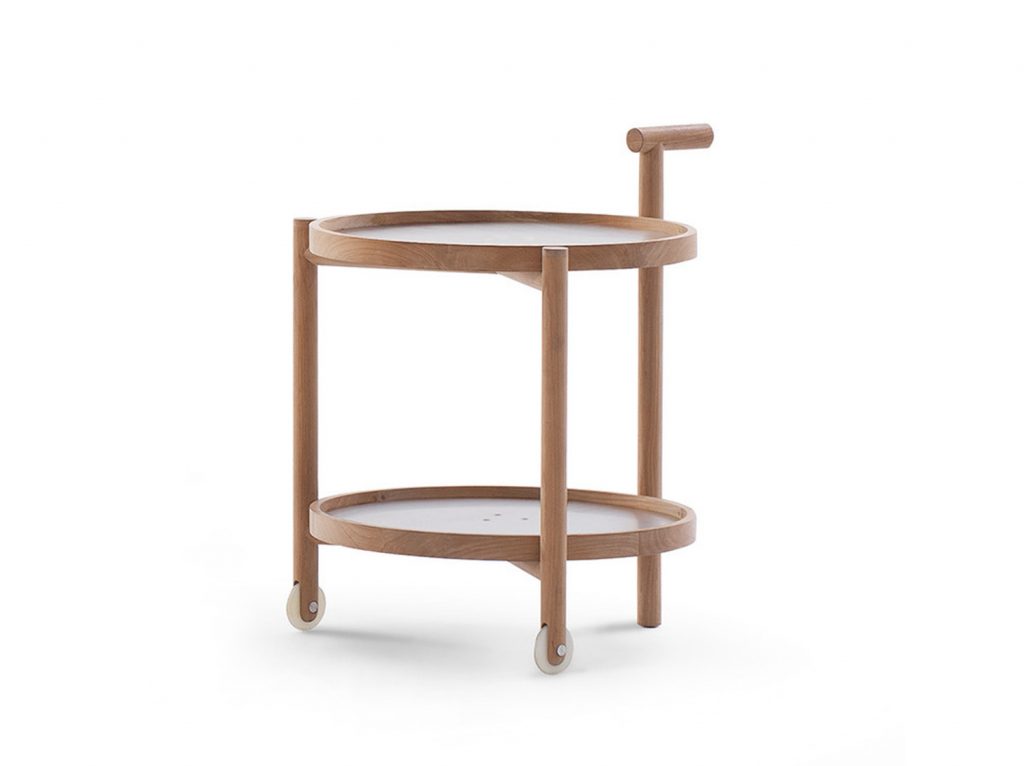 Two-story side table made of wooden base and stainless steel tops on a white background