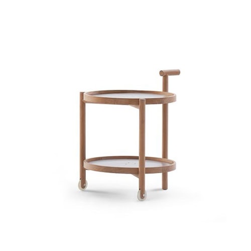A round two-tier trolley in natural wood with a curved handle, white inset trays, and smooth-rolling caster wheels.