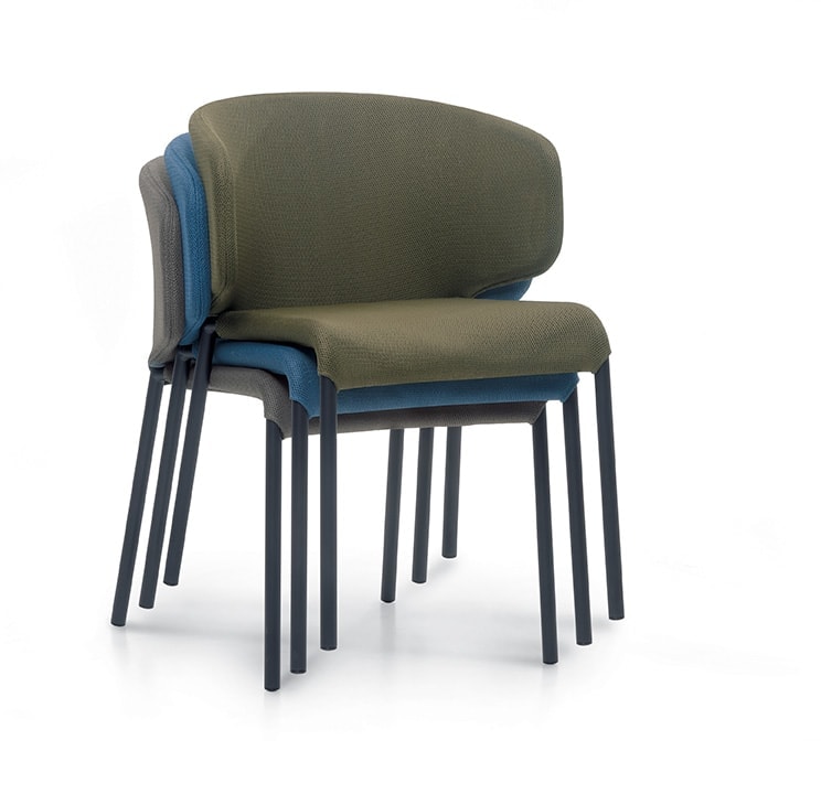 three chairs one on top of the other made of black aluminum and fabric in a blue and gray brown tone