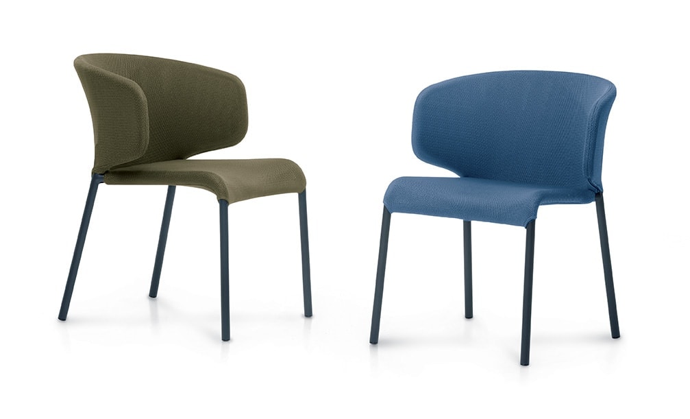 two chairs made of fine fabric in a blue and green tone and black aluminum leg base