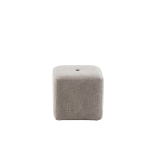 A soft-edged square outdoor pouf in light taupe fabric with a centered tuft and a clean, minimal form.
