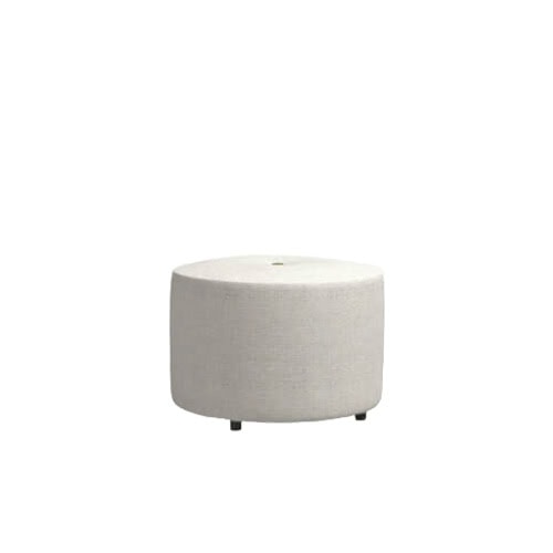 A compact round outdoor pouf in light beige fabric with a clean silhouette and low black feet.
