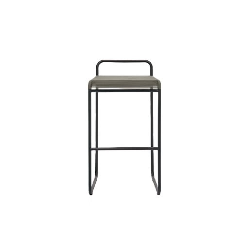 A front view of the outdoor stool featuring a black metal frame and a tightly wrapped taupe rope seat with a slim backrest.