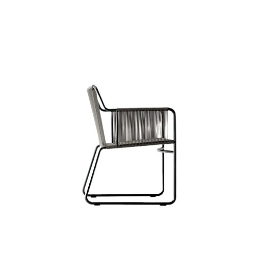 Side view of the outdoor armchair with a black metal frame, taupe rope detailing, and a clean, modern profile.