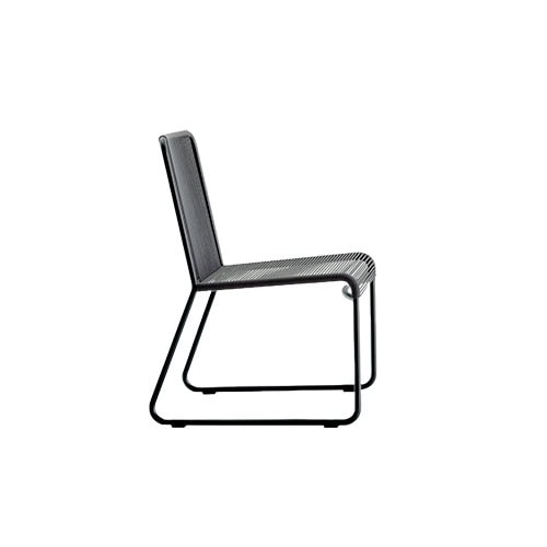 An angled side view of the outdoor chair with a black frame and dark charcoal rope detailing across the seat and back.