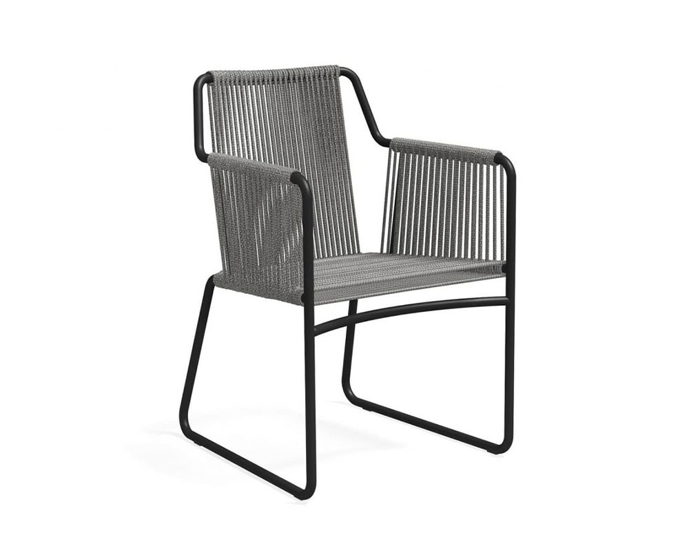 Outdoor armchair with a black metal frame and gray rope-wrapped seat, back, and arms.
