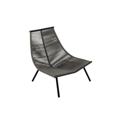 Rod Laze Chair features a taller backrest with woven cord seating and a slim metal frame, offering supportive comfort and a modern outdoor look.