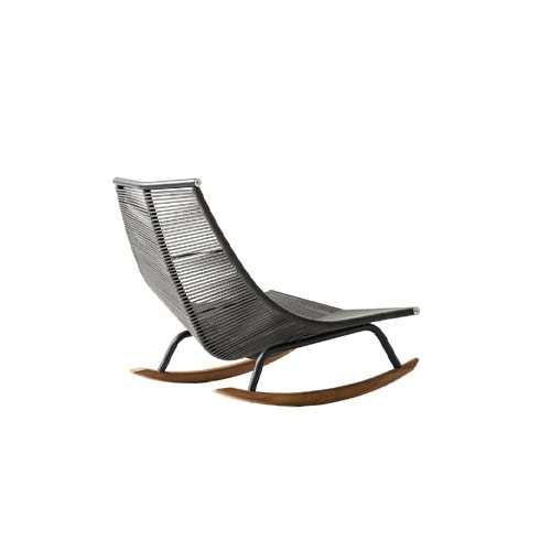 Rod Laze Chair combines a sleek woven seat with a sculpted rocking base, offering contemporary comfort for outdoor lounging.