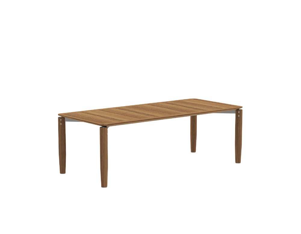 Rod Levante Table features a refined teak build with clean lines and ample space, blending natural warmth with outdoor durability.