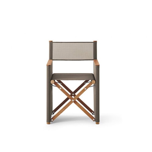 Rod Orson Chair is a refined director-style chair with a solid wood frame and durable fabric seat and back, perfect for stylish outdoor seating.