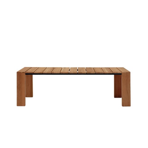 Rod Pier Table combines a sturdy wooden frame with a minimalist slatted design, ideal for outdoor gatherings.