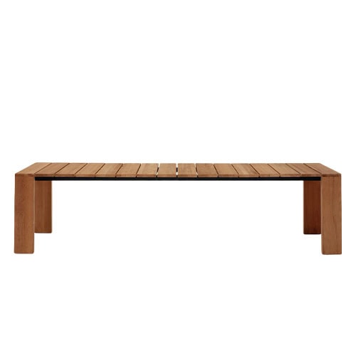 Rod Pier Table blends solid wood construction with a slatted top for a timeless, versatile outdoor dining or lounge setup.