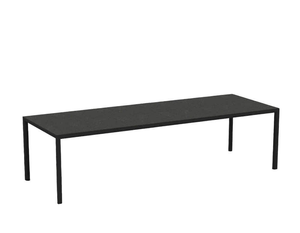 Rod Plein Air Table offers a minimalist black frame and elongated form, ideal for elegant outdoor dining or entertaining.