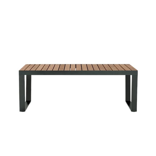 Rod Spinnaker Table features a sturdy frame with a slatted wooden top, creating a refined surface for outdoor dining and gatherings.