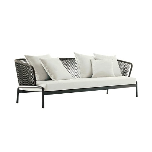 Rod Spool Sofa combines a sleek frame with woven backrest details and soft cushions, creating an inviting and stylish seating space for the outdoors.
