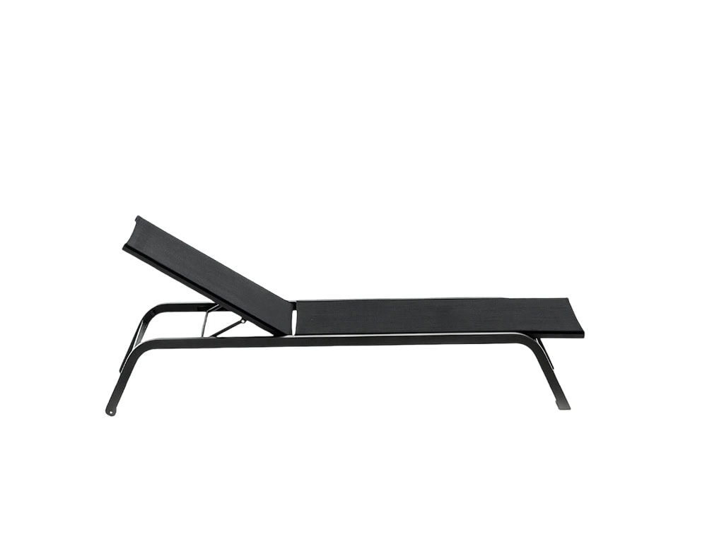 Rod Surfer Lounge Chair Outdoor features a minimalist black frame with a sleek adjustable reclining seat, designed to deliver comfort and style for outdoor lounging.