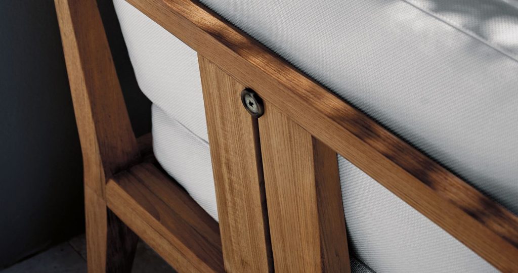 Close up of the back of Teka Ten Sofa showing how it stops the cushion from slipping off