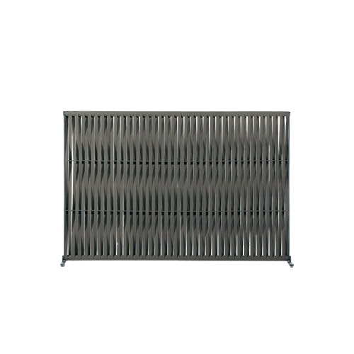 Rod Wing Screen features a striking gray weave framed in aluminum, creating a contemporary divider for patios or poolside areas.