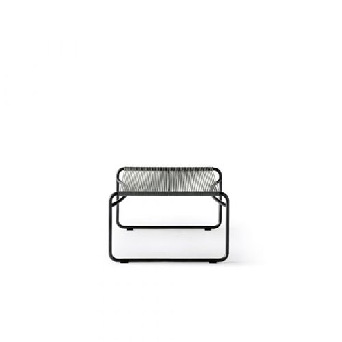 A compact outdoor bench with a black metal frame and taupe rope-wrapped seat, shown from the front view.