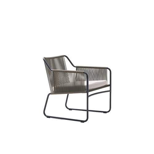 A contemporary lounge chair with a black metal frame, taupe woven mesh sides, and a light beige cushion seat.