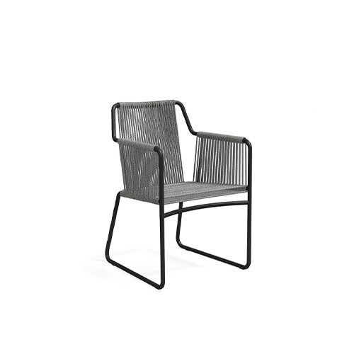 A modern outdoor armchair with a sleek black metal frame and tightly woven gray rope detailing on the seat, back, and arms.