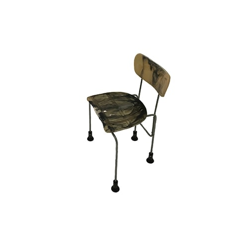 sculptural auxiliary chair made of steel and resin-coated plastic base in a brown tone with black and yellow finishes