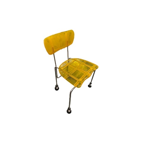 sculptural auxiliary chair made of steel and resin-coated plastic in a yellow tone with finishes in the form of symmetrical lines