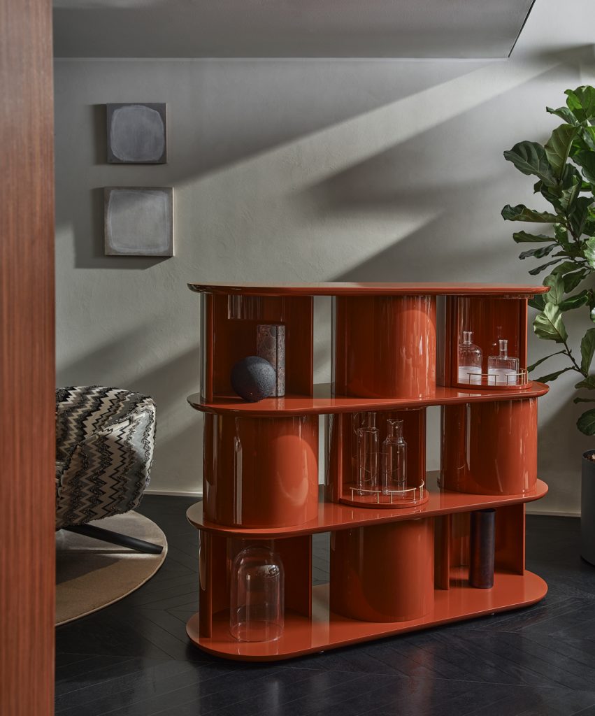 Hide&Seek shelves on top of a black floor, a white walled background, and a small house tree in the corner