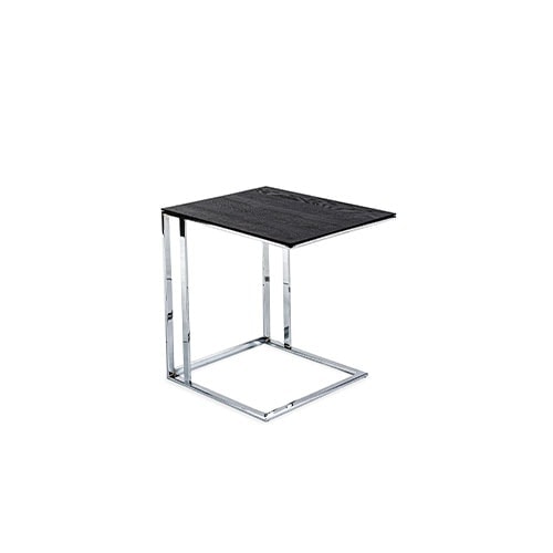 Lap table with dark stained wooden top and lacquer finish.